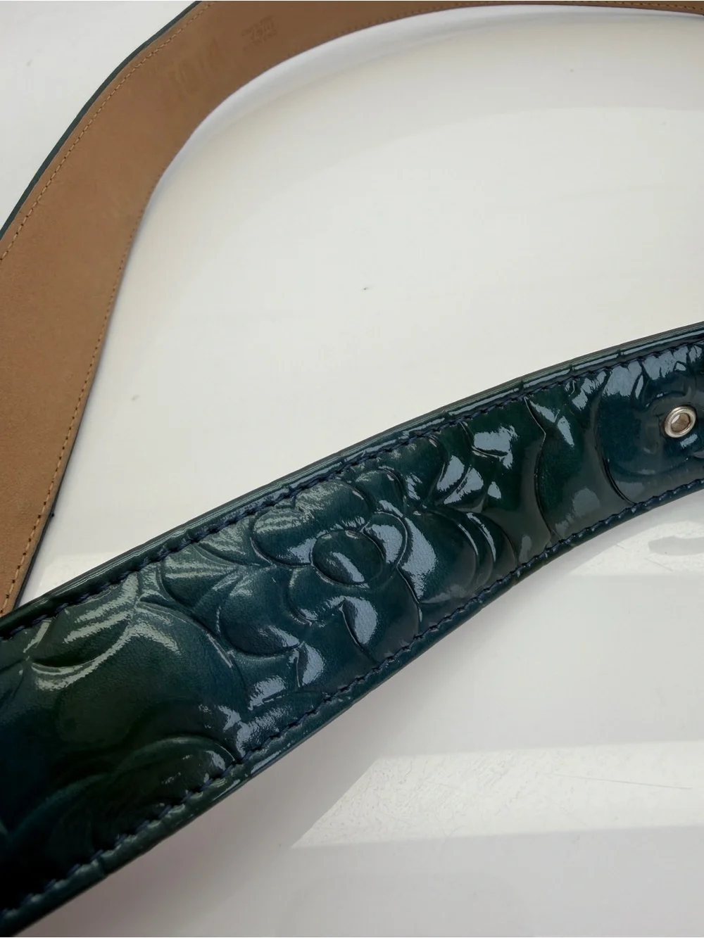Chanel Teal Patent Leather Camellia Embossed Belt with Interlocking CC Buckle